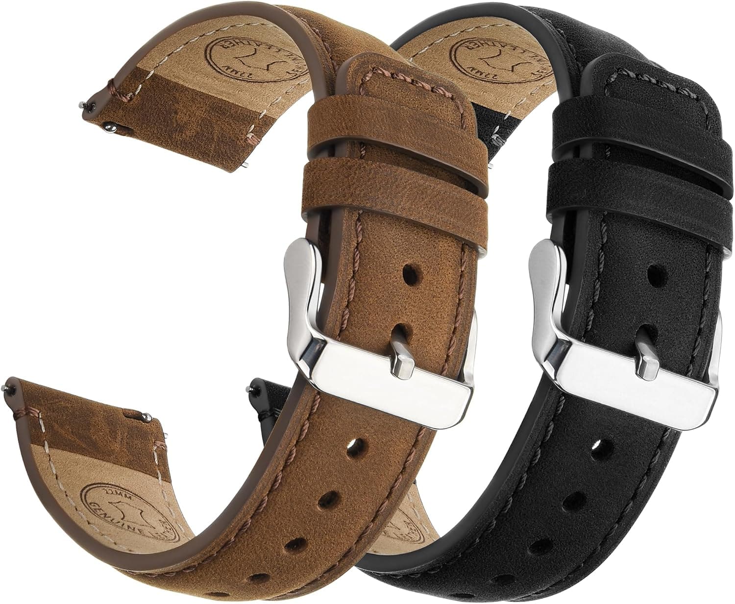 Fullmosa Correas de reloj de cuero de liberación rápida de 20 mm para Garmin Samsung Galaxy | Paquete de 2 correas para Vivoactive 6/5, Venu Sq/Sq 2, Samsung Galaxy 7/6/5, Gear S2 Classic, marrón+plata/negro+plata