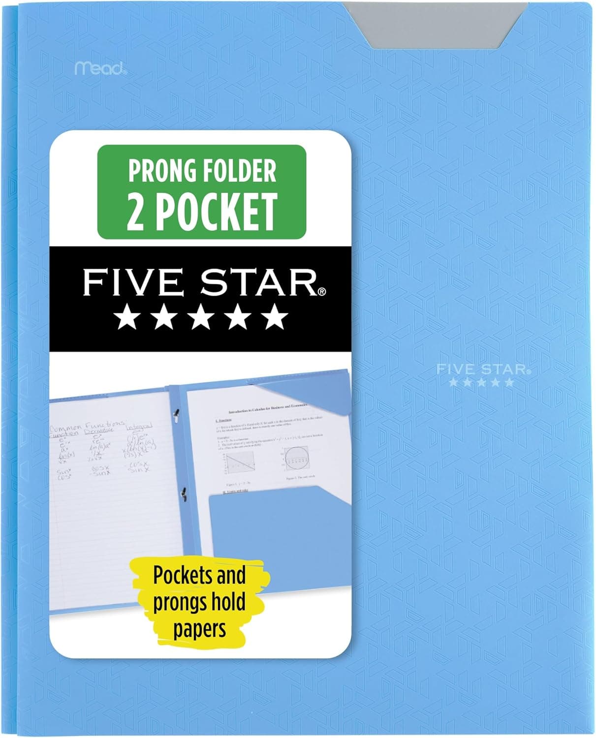 Five Star 2-Pocket Folder, Plastic Folder with Stay-Put Tabs and Prong Fasteners, Holds 8-1/2" x 11" Paper, Pacific Blue (72115)
