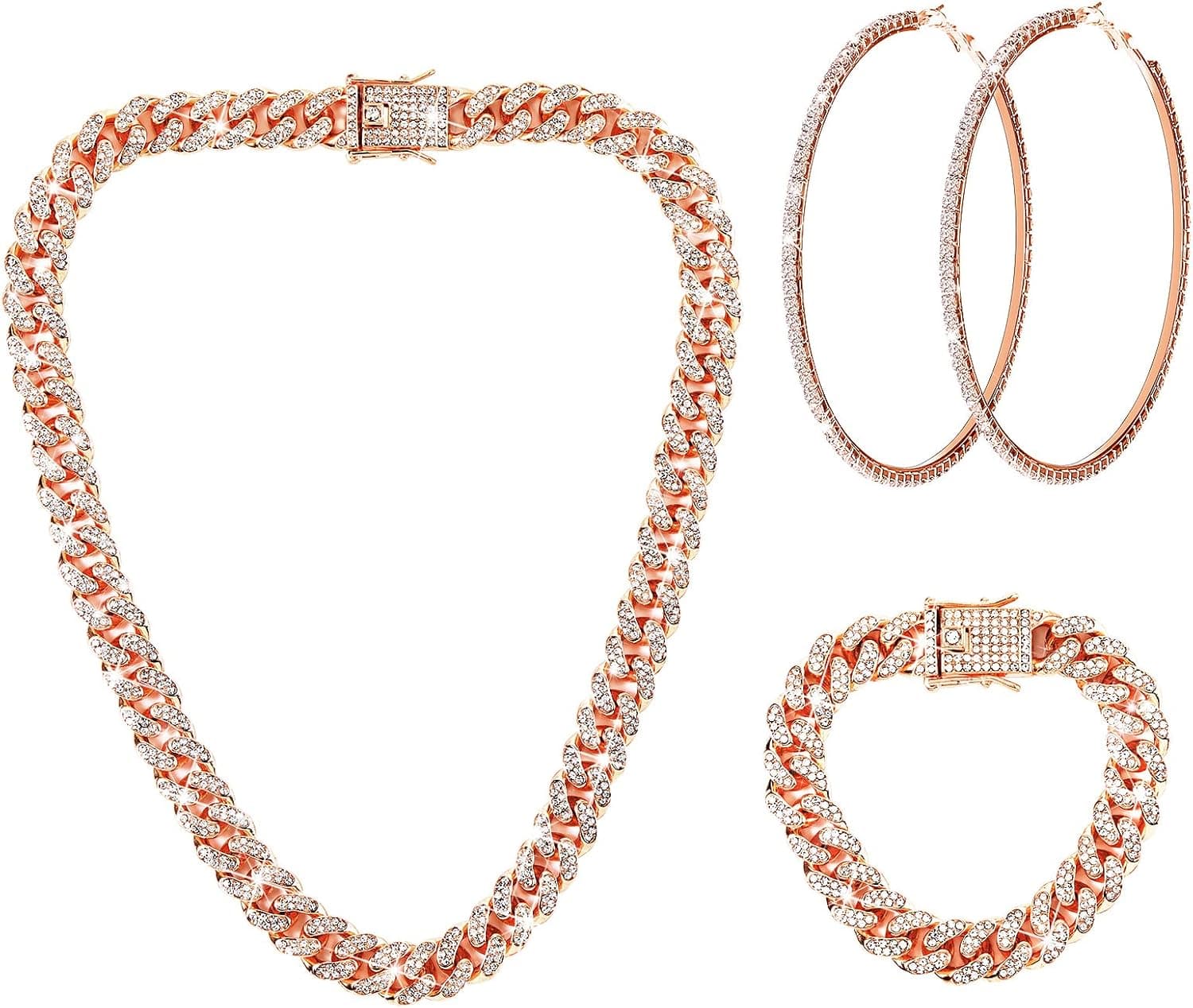 Batiyeer 3 piezas de cadena de eslabones cubanos, collar, pulsera, pendientes de aro con diamantes de imitación, joyería de hip hop para mujer (18.0 in, oro rosa)