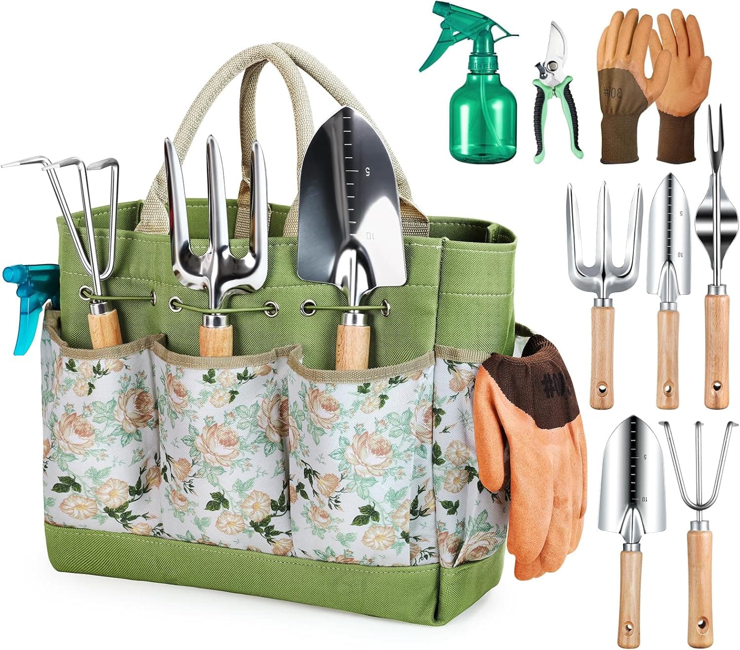 Herramientas de jardinería resistentes Grenebo con bolso, regalos de jardinería para mujeres