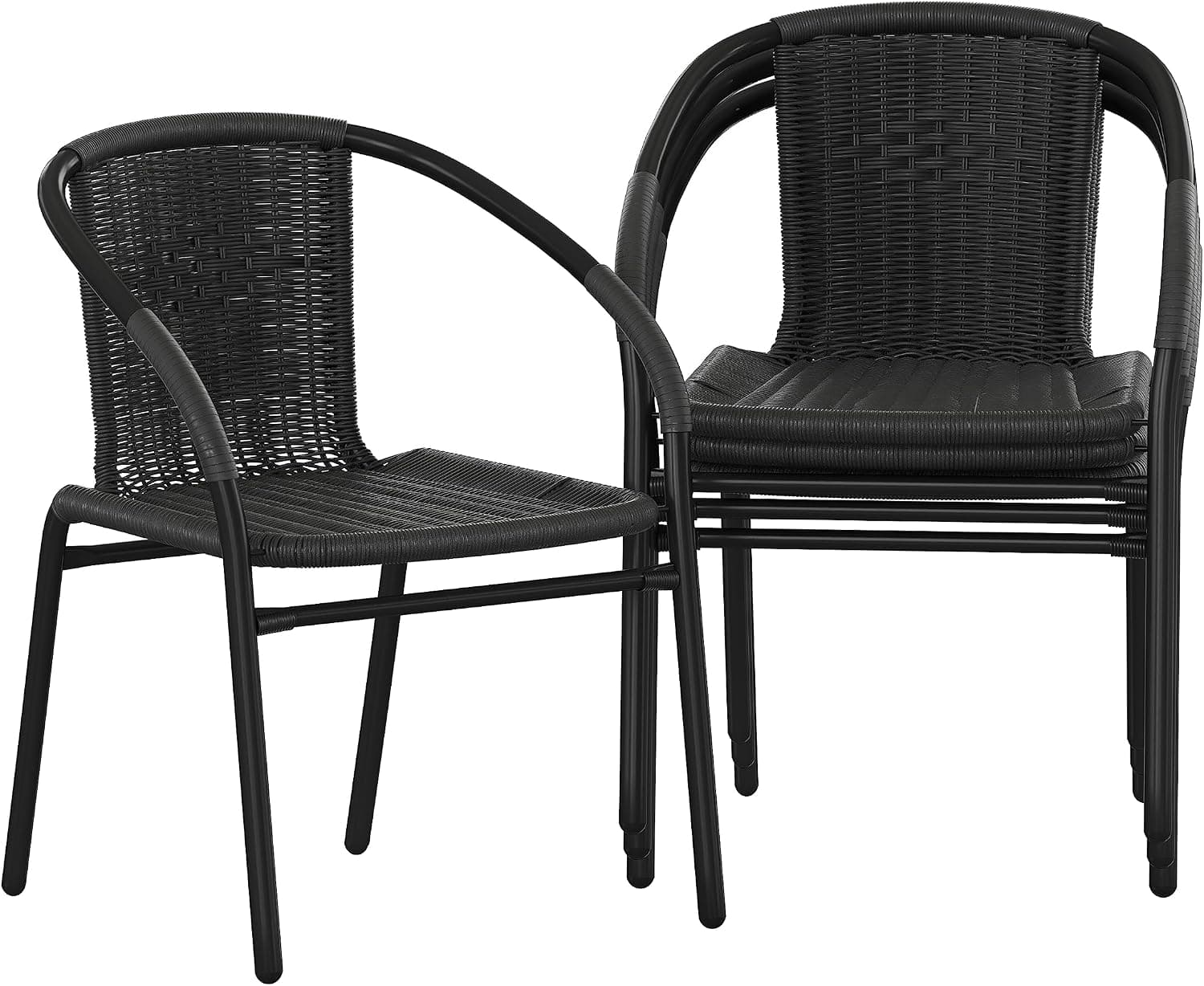 Flash Furniture Lila Sillas de comedor apilables modernas de ratán para interiores y exteriores, sillas apilables de bistró de ratán para patio o restaurante, juego de 4, negro | Grado comercial, uso interior/exterior.