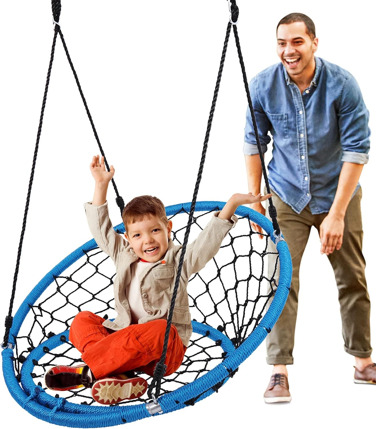 SereneLife Columpio de asiento de red colgante – Columpio de platillo circular redondo para patio interior y exterior de 35.5 pulgadas para niños para árboles o juegos de columpios – Asiento de red de columpio de cuerda resistente a los rayos UV para todas las estaciones – SLSWNG125