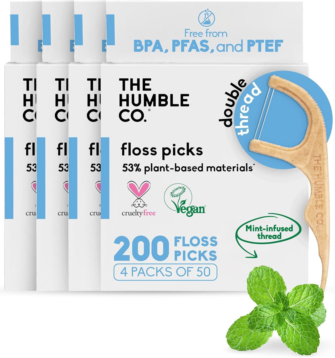 The Humble Co. Púas de hilo dental, doble hilo, menta (200 unidades) | Palillos de dientes, hilo dental, salud de las encías, cuidado e higiene bucal dental, salud de las encías, hilo dental interdental para adultos, hilo dental