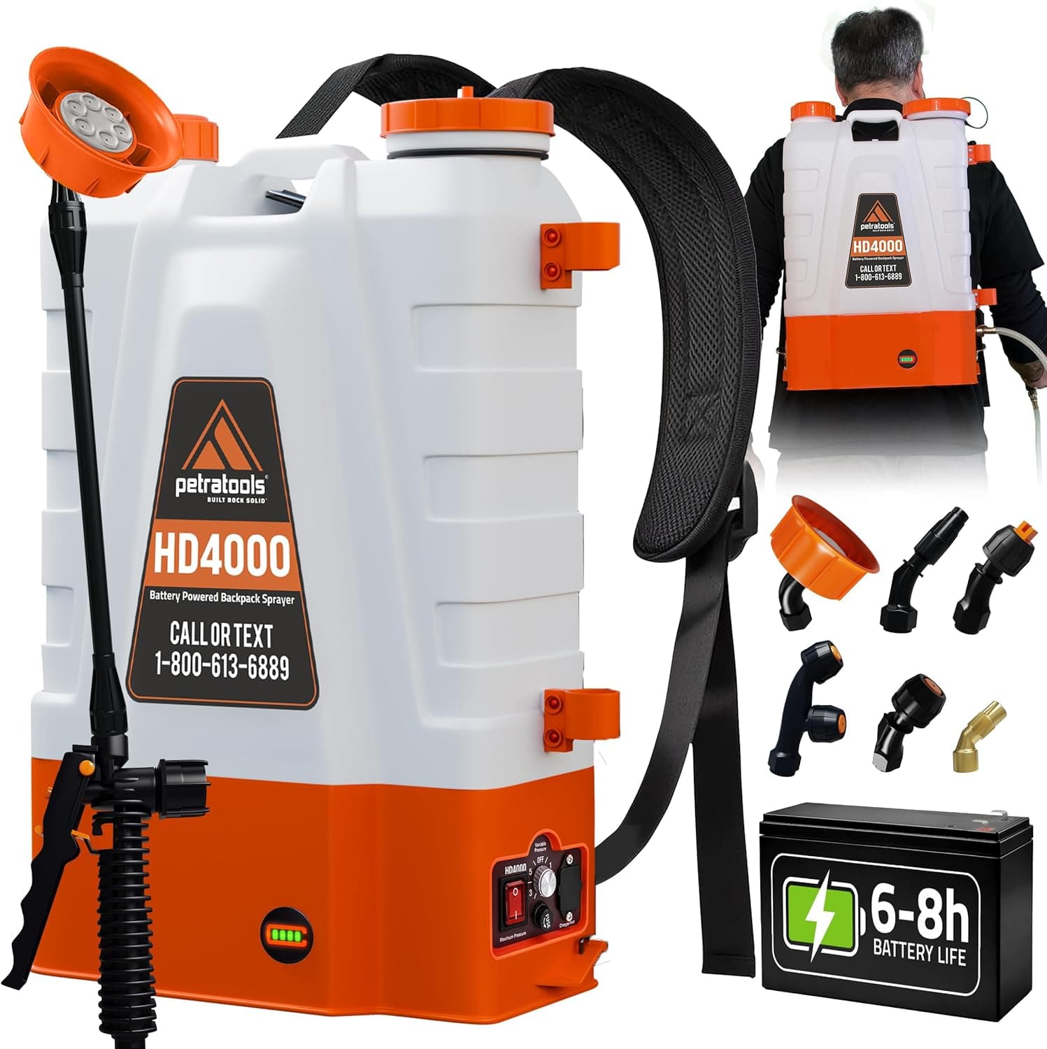 PetraTools HD4000 Pulverizador de mochila a batería, tiempo de funcionamiento de 6 horas, 6 boquillas