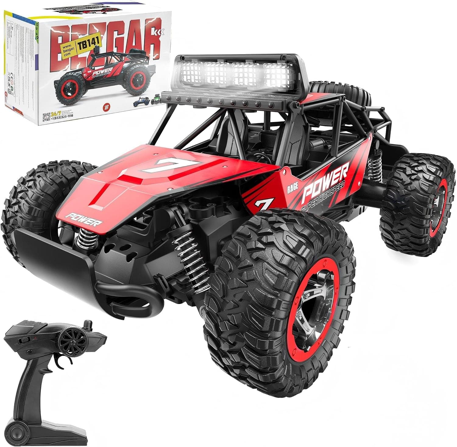 BEZGAR Coches RC para niños - Camión RC todoterreno 1:14 con faro LED | Señal inalámbrica constante de 2,4 GHz, suspensión que absorbe los golpes, lámpara frontal brillante, juguete divertido para niños y adultos principiantes