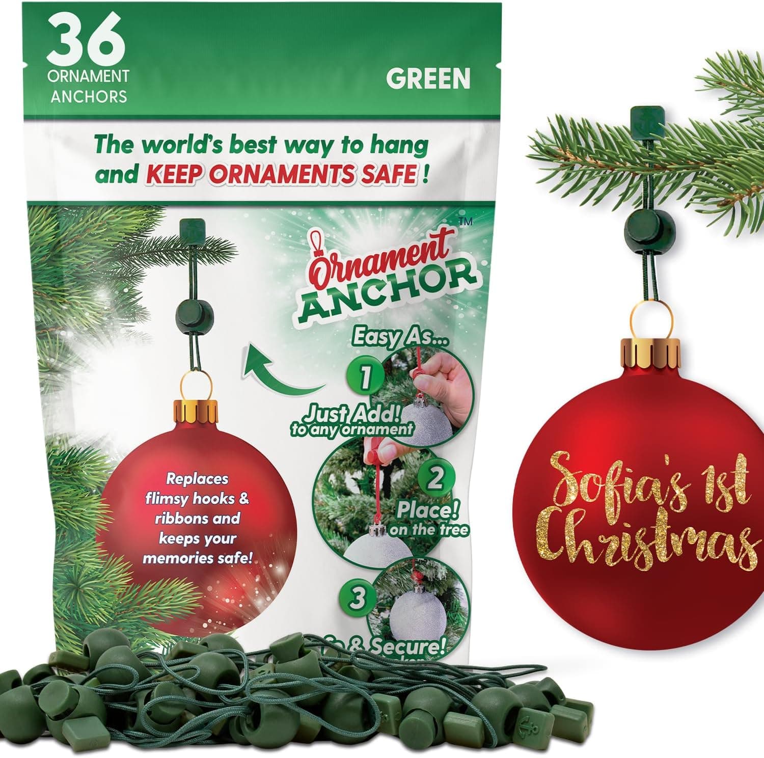 ORNAMENT ANCHOR Ganchos para colgar decoraciones navideñas – Ganchos antideslizantes para colgar para Navidad – Ganchos resistentes para adornos de árbol de Navidad para adornos pequeños y grandes (verde, 36 unidades)