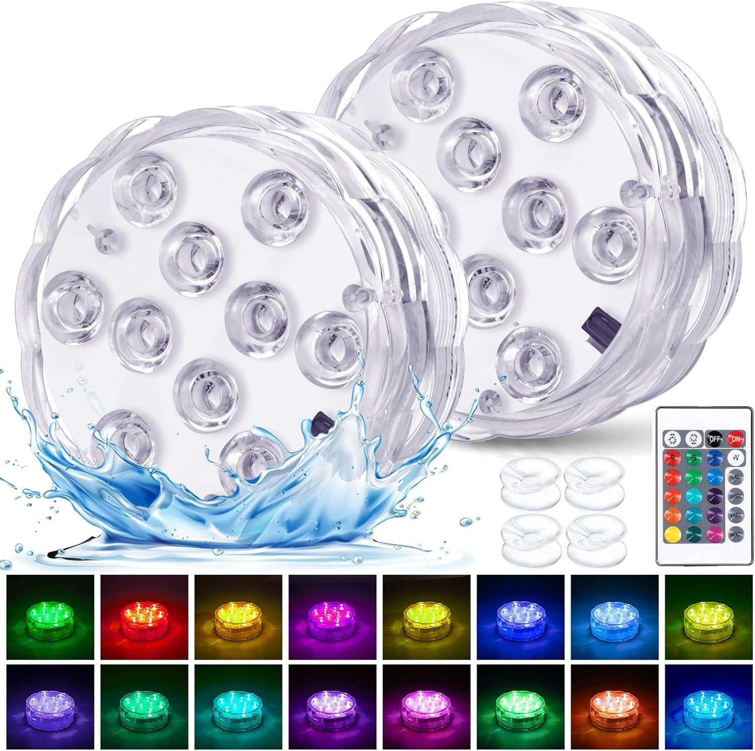 YiaMia Luces para bañera de hidromasaje - Paquete de 2 luces LED para piscina con batería de color RGB con control remoto y ventosa para estanques, decoración, fiestas, spas, acuarios