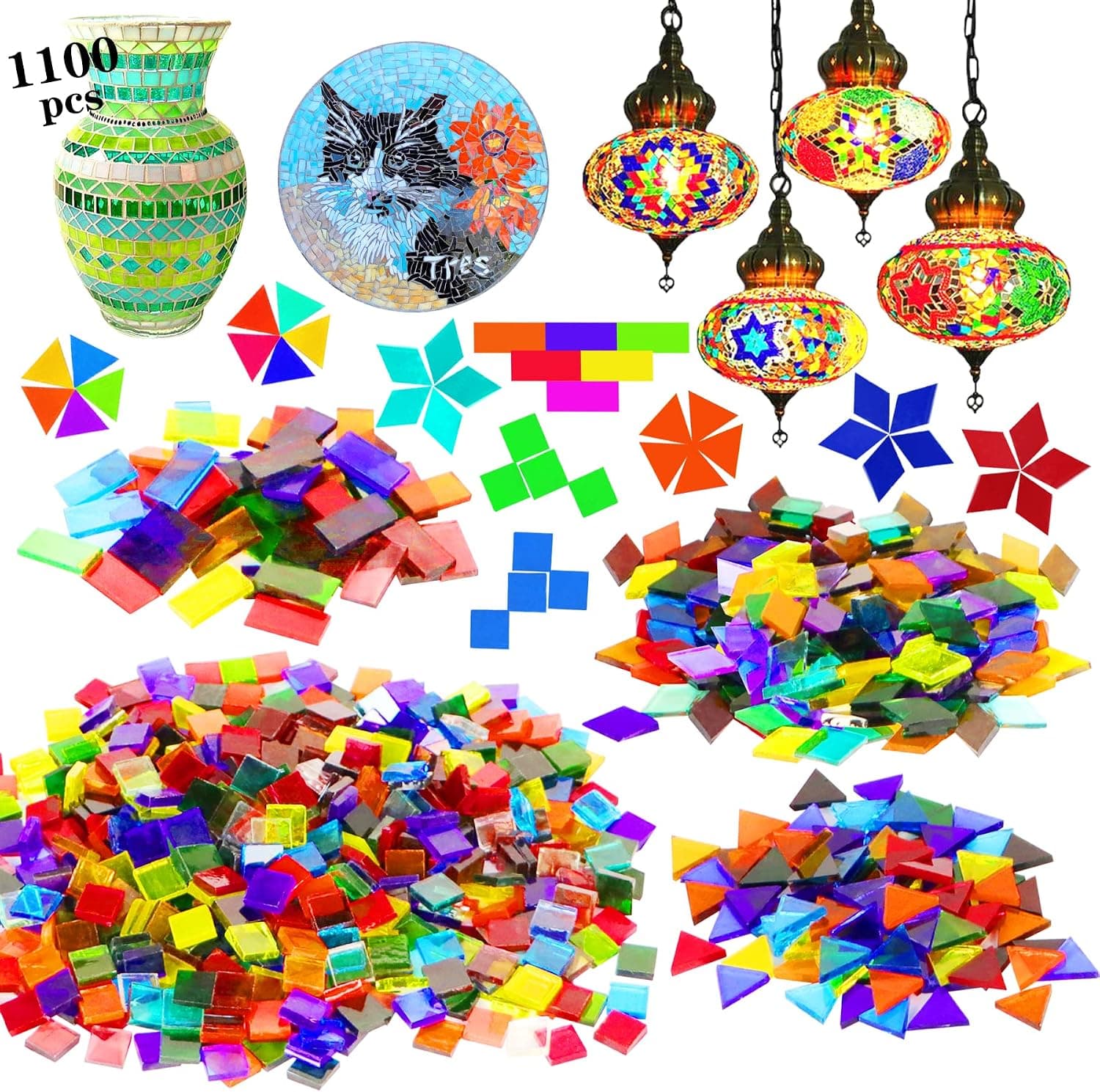 1100 piezas de azulejos de mosaico, azulejos de mosaico de vidrio para manualidades a granel, piezas de vidrio de mosaico teñido, suministros de mosaico para decoración del hogar, manualidades, proyectos de bricolaje, transparente (forma mixta)