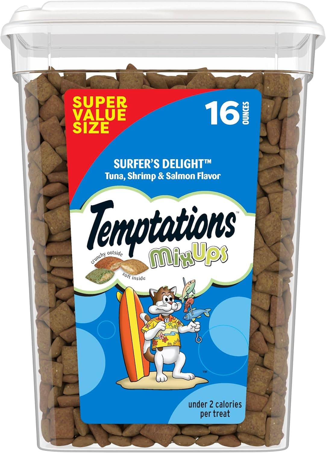 Temptations MixUps Golosinas crujientes para gatos, Delicia del surfista, 16 oz | Sabores de atún, camarones y salmón, textura suave y crujiente, menos de 2 calorías por golosina, sin sabores artificiales, envase resellable