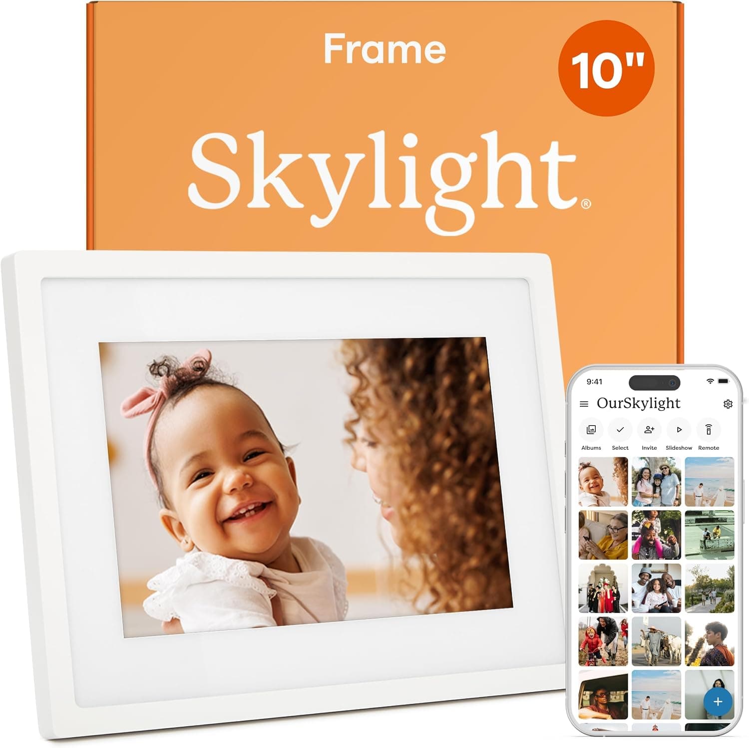 Marco de fotos digital Skylight, capacidad de carga desde el teléfono, 10" blanco | No necesita suscripción, marco de fotos digital con pantalla táctil, WiFi, pantalla giratoria automática, regalo personalizable para amigos y familiares