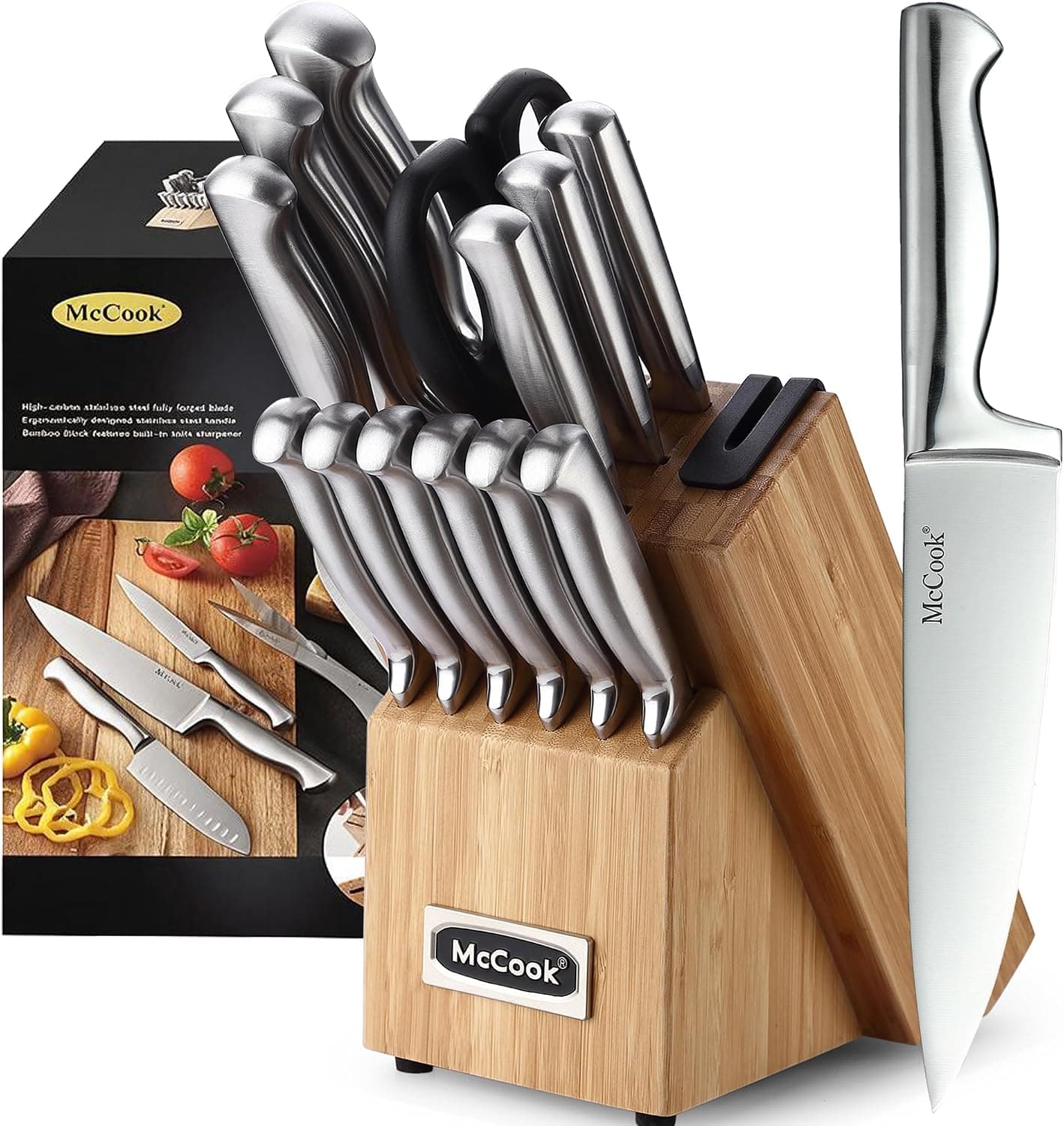 McCook Juego de cuchillos de cocina Juego de bloques de cuchillos de acero con afilador incorporado
