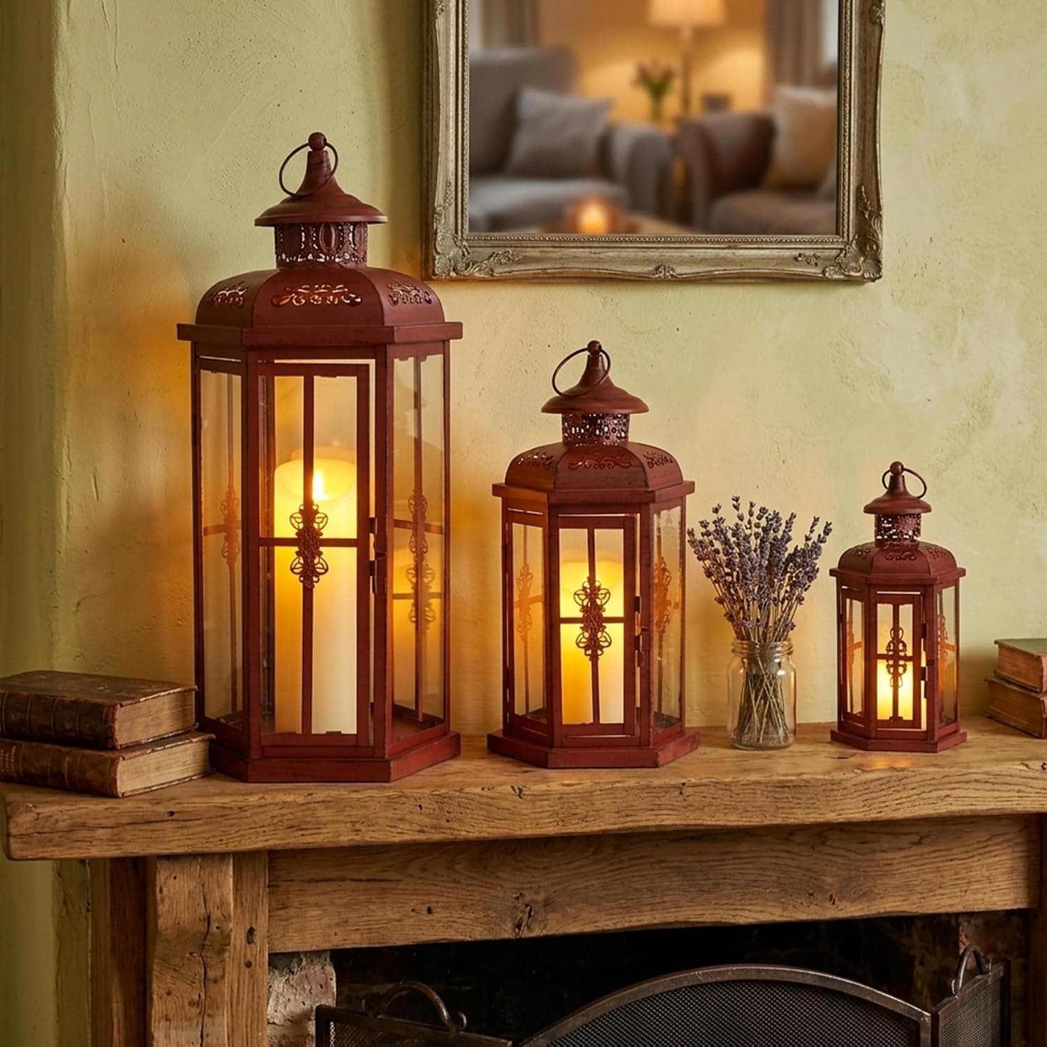 JHY DESIGN Juego de 3 farolillos decorativos para velas de 20, 14 y 10 pulgadas de alto, portavelas de metal vintage para interiores, exteriores, paridades, jardín, porche (rojo con cepillo negro)