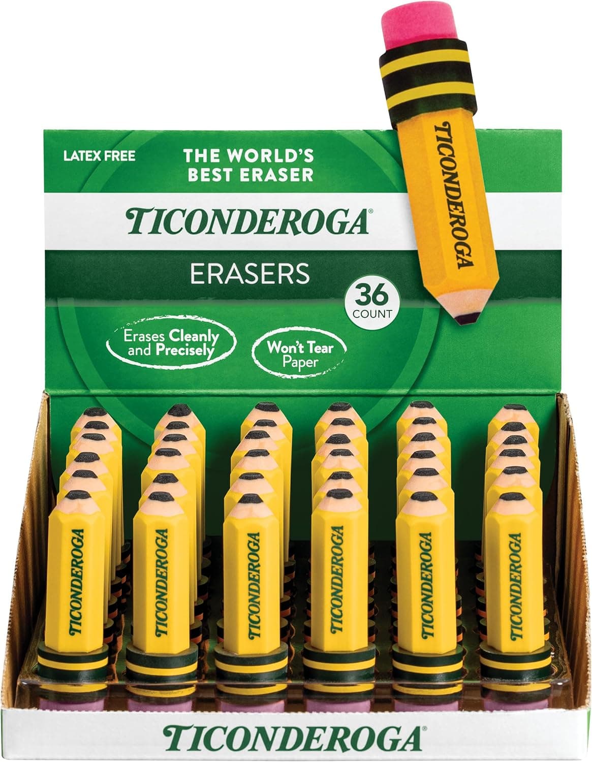 Borradores TICONDEROGA, en forma de lápiz, amarillo, paquete de 36 (38936) | Ideal para escribir, dibujar, realizar tareas escolares, aulas y uso en la oficina.