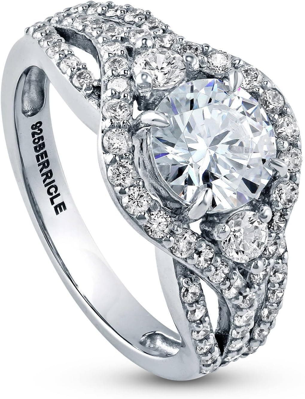 BERRICLE Sterling Silver 3-Stone CZ Wedding Engagement Rings for Women, Stackable Cubic Zirconia Ring - Clear, Sapphire Blue Colors, 1-3 Piece Set