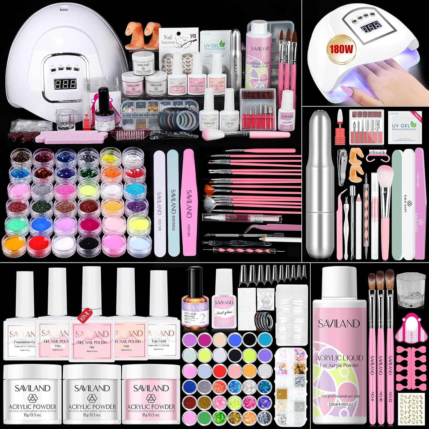 SAVILAND Kit de uñas acrílicas con lámpara de uñas U V de 180 W y taladro para principiantes | Polvo acrílico de queratina, esmalte de uñas en gel con vitamina E, aceite de ricino, herramientas completas, todo con dedos de práctica, arte de salón en casa DIY