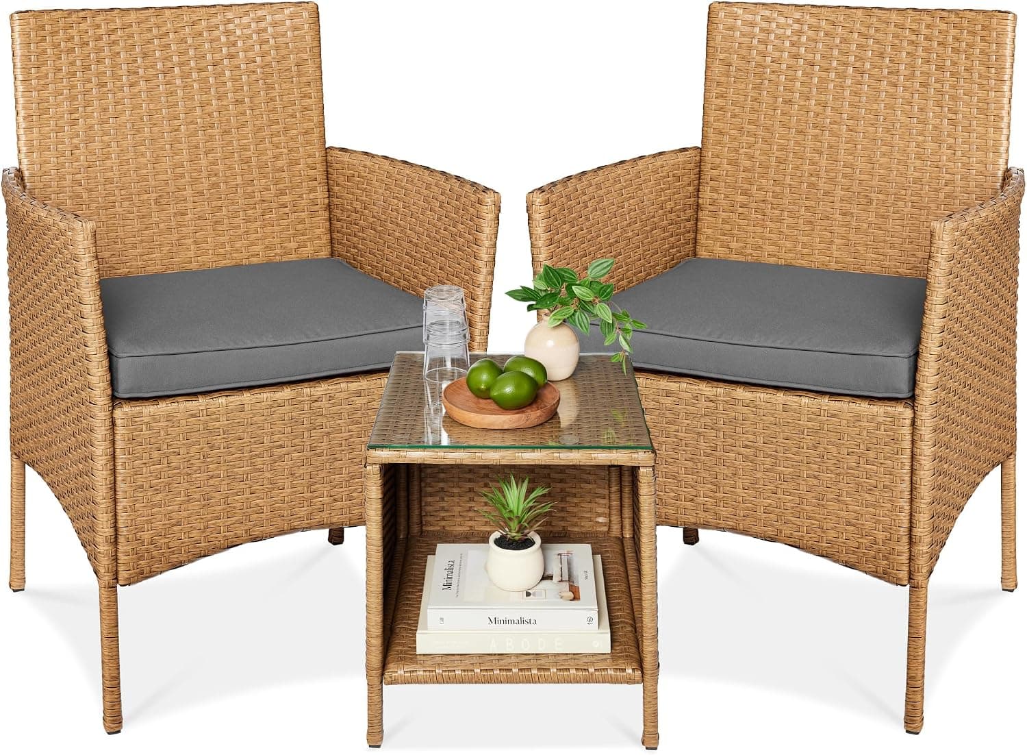 Best Choice Products Juego de bistró de conversación de mimbre para exteriores de 3 piezas, muebles de patio que ahorran espacio para jardín con mesa auxiliar - Natural/Gris