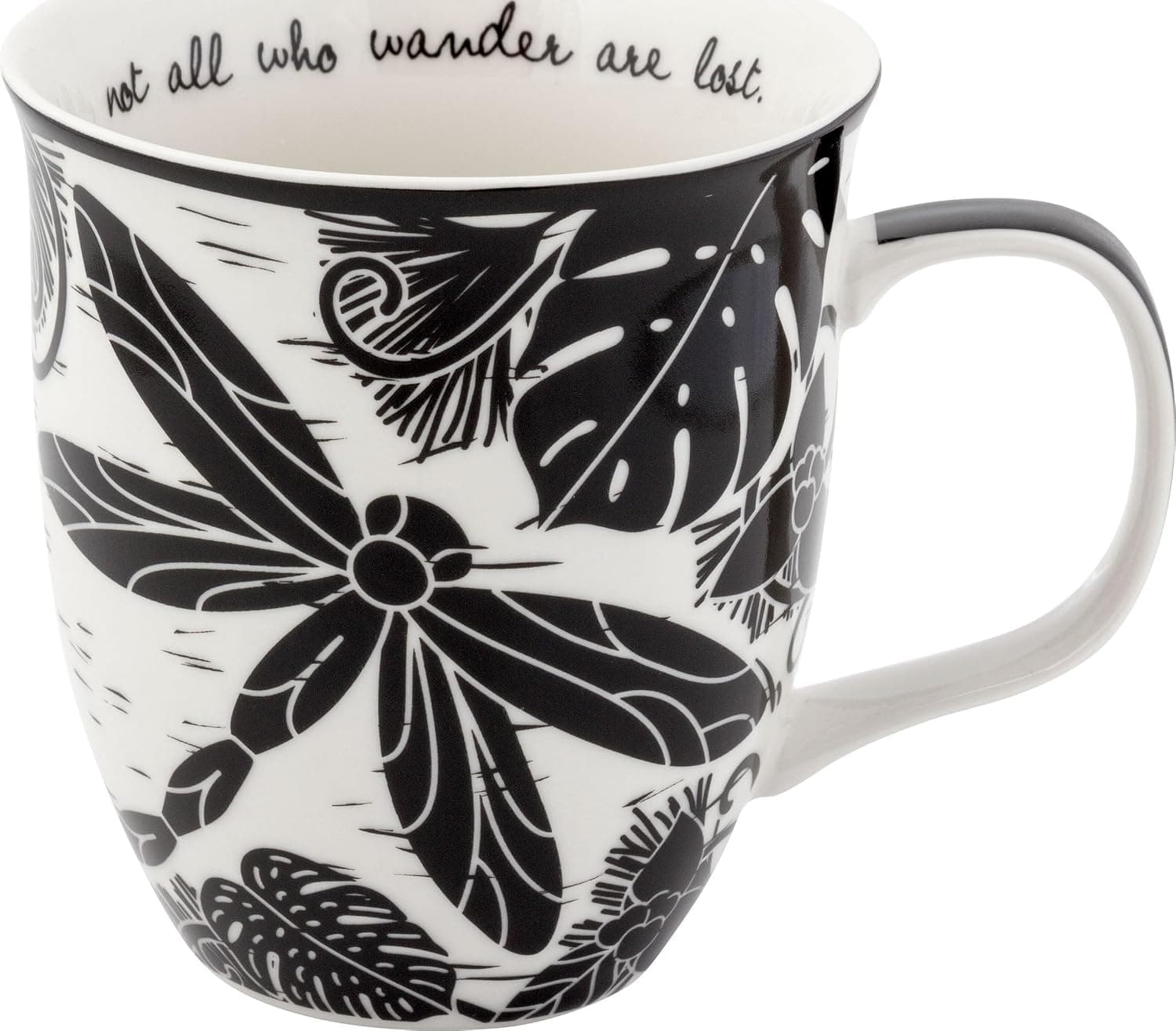 Karma Gifts Taza bohemia blanca y negra de 14 oz con libélula, linda taza de café y té, tazas de café de cerámica para mujeres y hombres