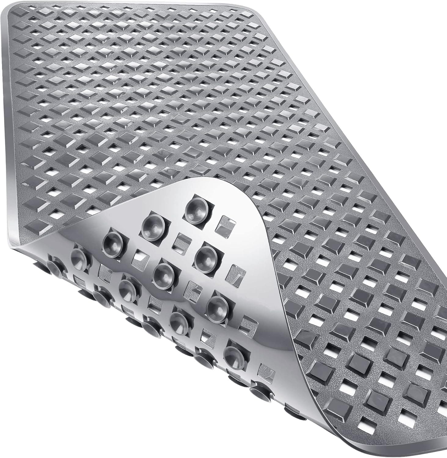 Yimobra Alfombrilla antideslizante para bañera, alfombrilla de ducha de 35 x 16 pulgadas con fuertes ventosas y orificios de drenaje, alfombrilla larga antideslizante para bañera para ducha interior, lavable a máquina de secado rápido, artículos esenciales para el baño, gris