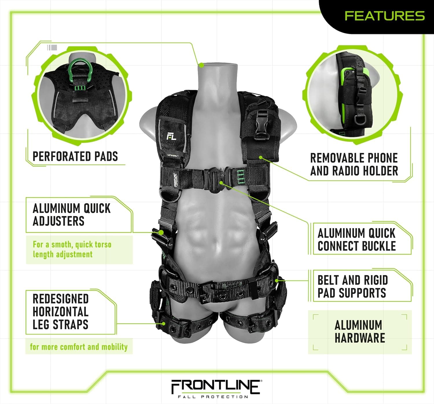 FRONTLINE FALL PROTECTION 250CTB Elite™ Construction Harness | Aluminum Hardware | OSHA&ANSI