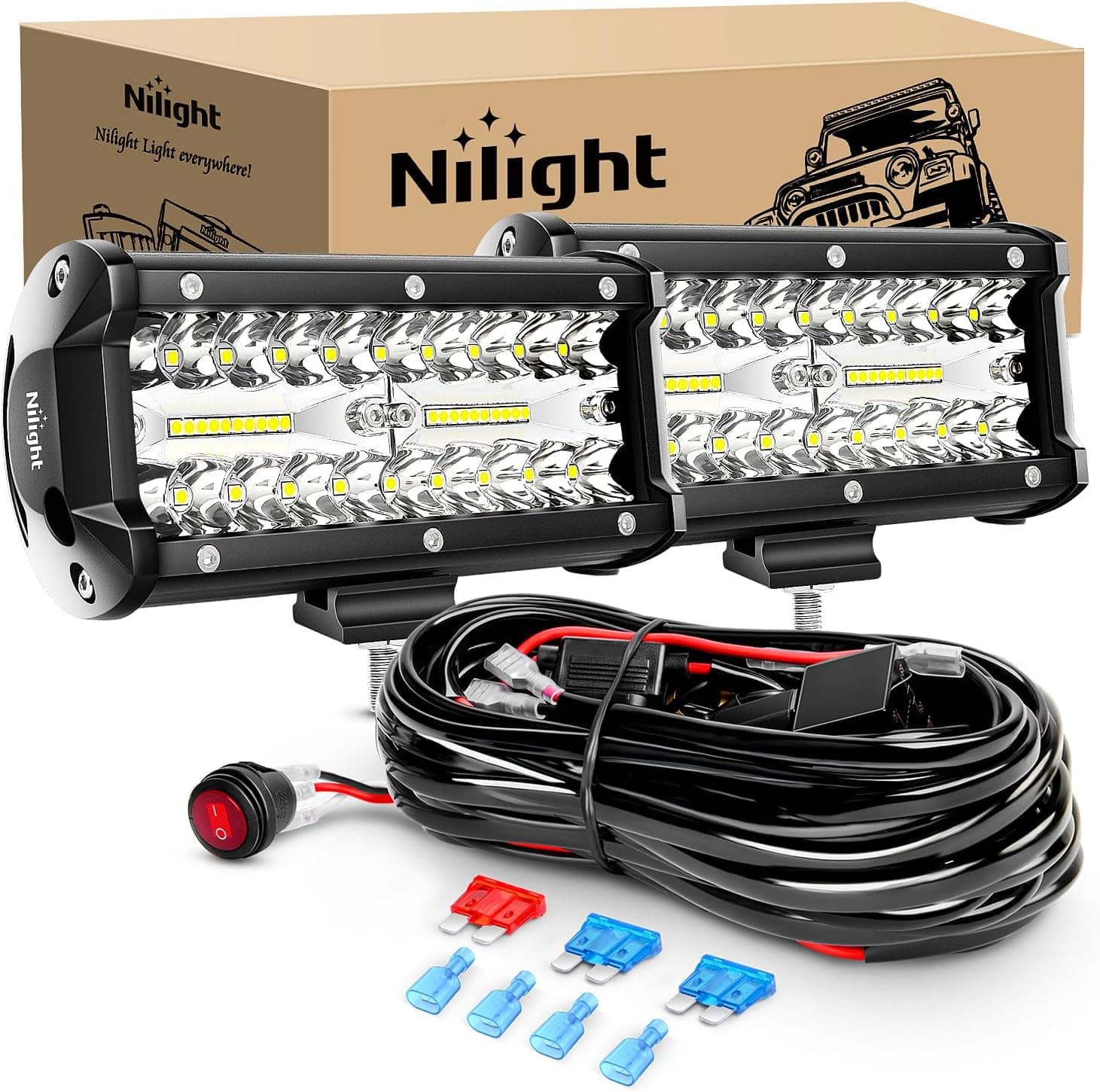 Nilight ZH303 2 piezas 6.5 pulgadas 120 W Spot & Flood Combo conducción 16 AWG arnés de cableado para luz de trabajo LED triple filas todoterreno camión coche ATV SUV, 2 años de garantía, blanco