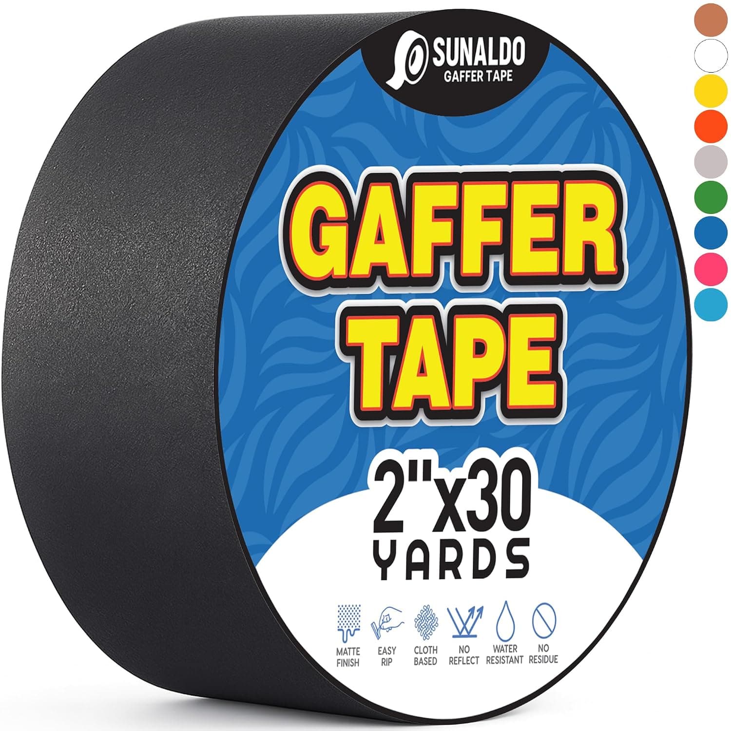 Cinta Gaffers (2"x30 yardas) resistente, fácil de rasgar, sin residuos | Negro | Cinta de piso de grado profesional para cables eléctricos, acabado mate no reflectante, resistente a la intemperie