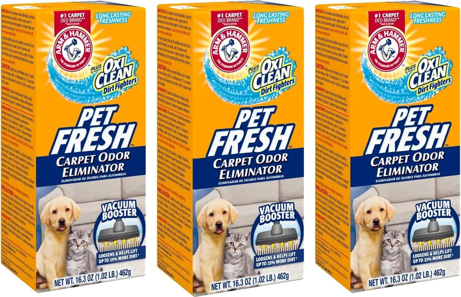 Arm & Hammer Pet Fresh Eliminador de olores de alfombras más Oxi Clean Dirt Fighters (paquete de 3), 48.9 onzas