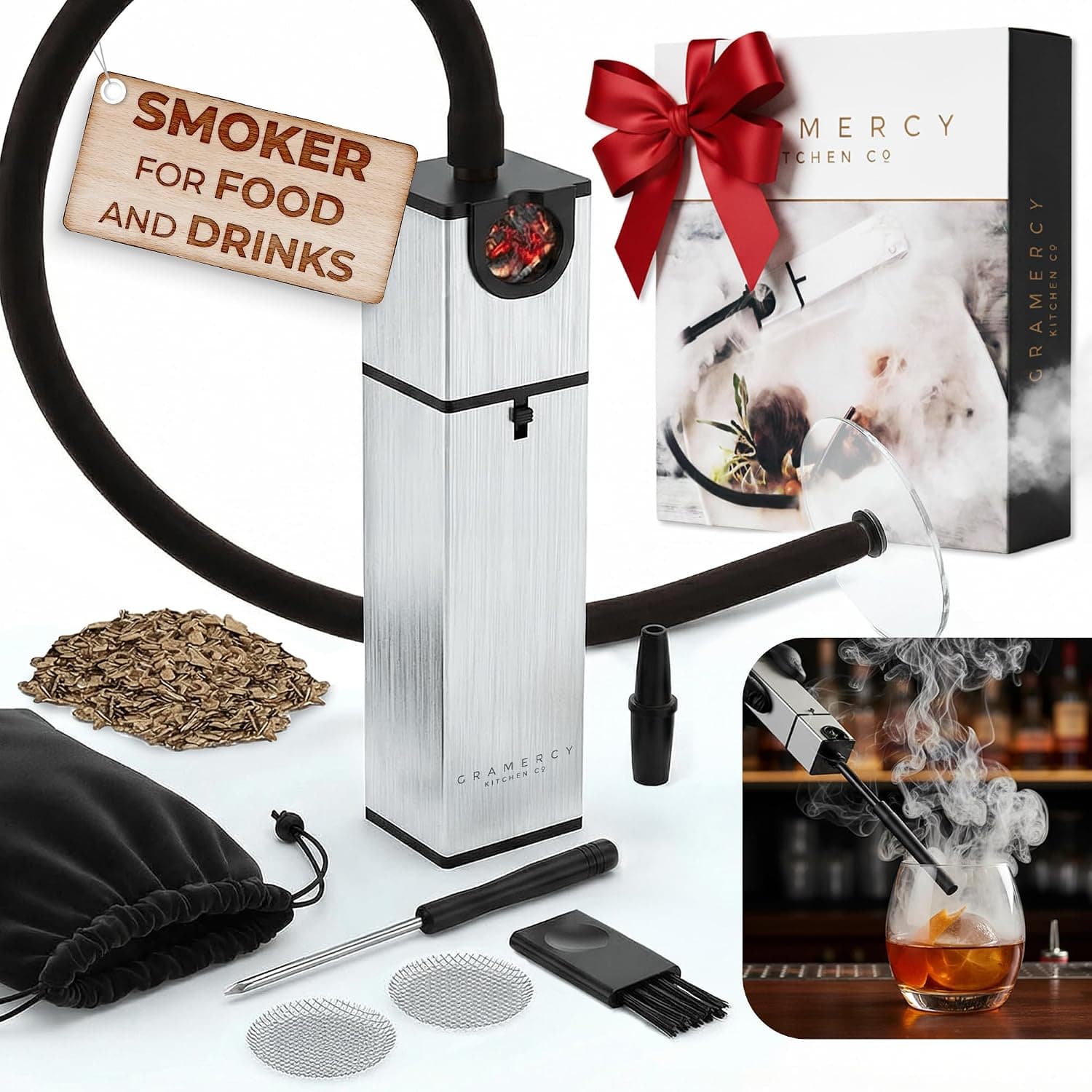 Gramercy Kit para ahumar cócteles - Infusor de bebidas y alimentos para interiores con astillas de madera | Caja de regalo, cepillo de limpieza y accesorios incluidos, whisky bourbon antiguo, regalo para fumadores, regalo para hombres