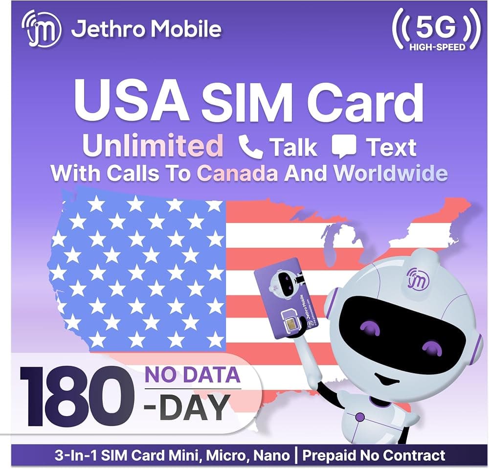 Jethro Mobile Plan de teléfono celular ilimitado de llamadas y mensajes de texto de 6 meses, 5G/4G LTE, compatible con teléfonos móviles GSM para personas mayores, teléfonos tontos y teléfonos con funciones, tarjeta SIM de tamaño 3 en 1