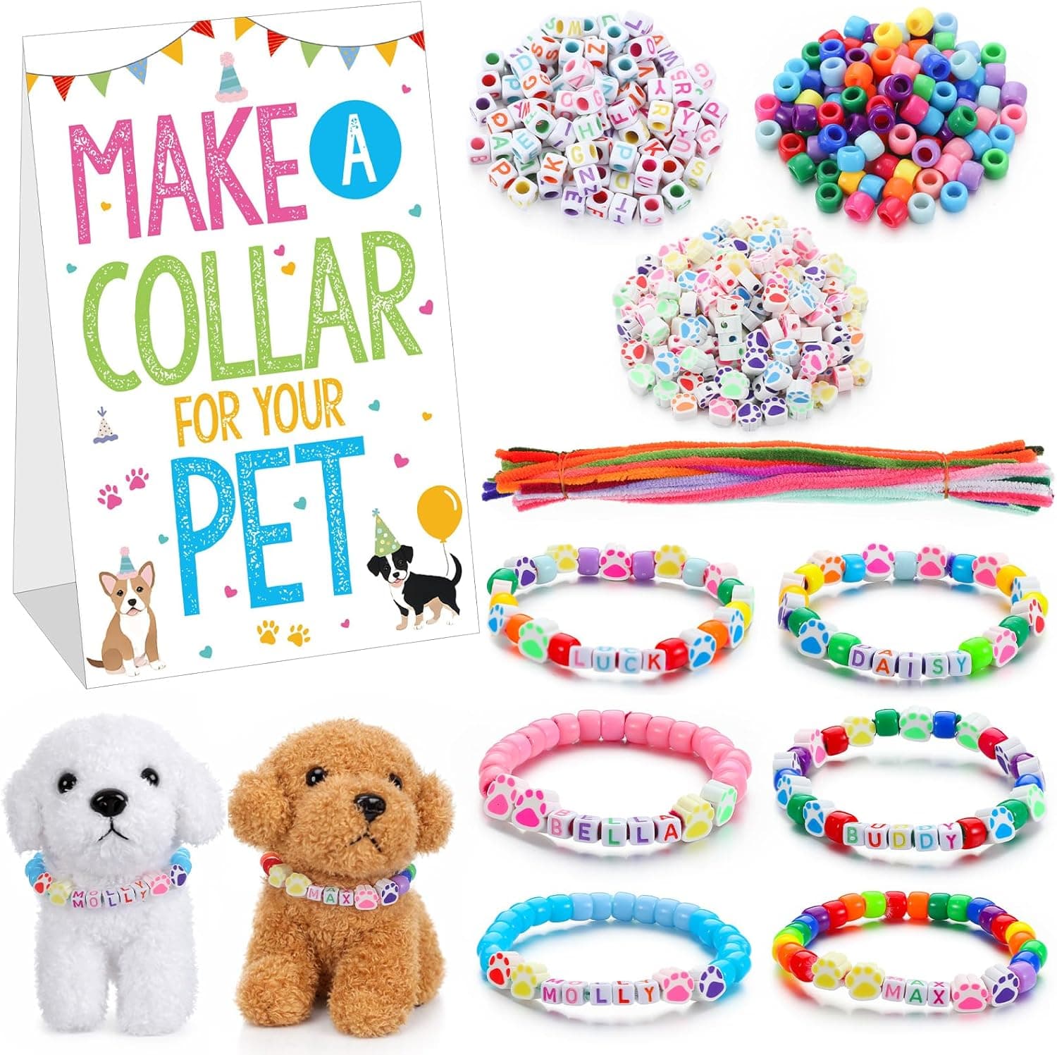 Huhumy 1041 piezas Adopta un kit de suministros para fiestas de mascotas para cachorros, paquete de estación de adopción para cachorros, suministros para hacer un collar para tu mascota para fiesta de cumpleaños de perros