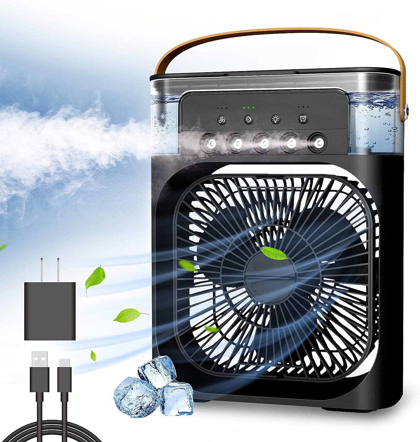 NTMY Enfriador de aire personal, ventilador de aire acondicionado portátil, mini enfriador evaporativo con luz LED de 7 colores, temporizador de 1/2/3 H, 3 velocidades de viento y 3 modos de pulverización para su escritorio, mesita de noche o mesa de café