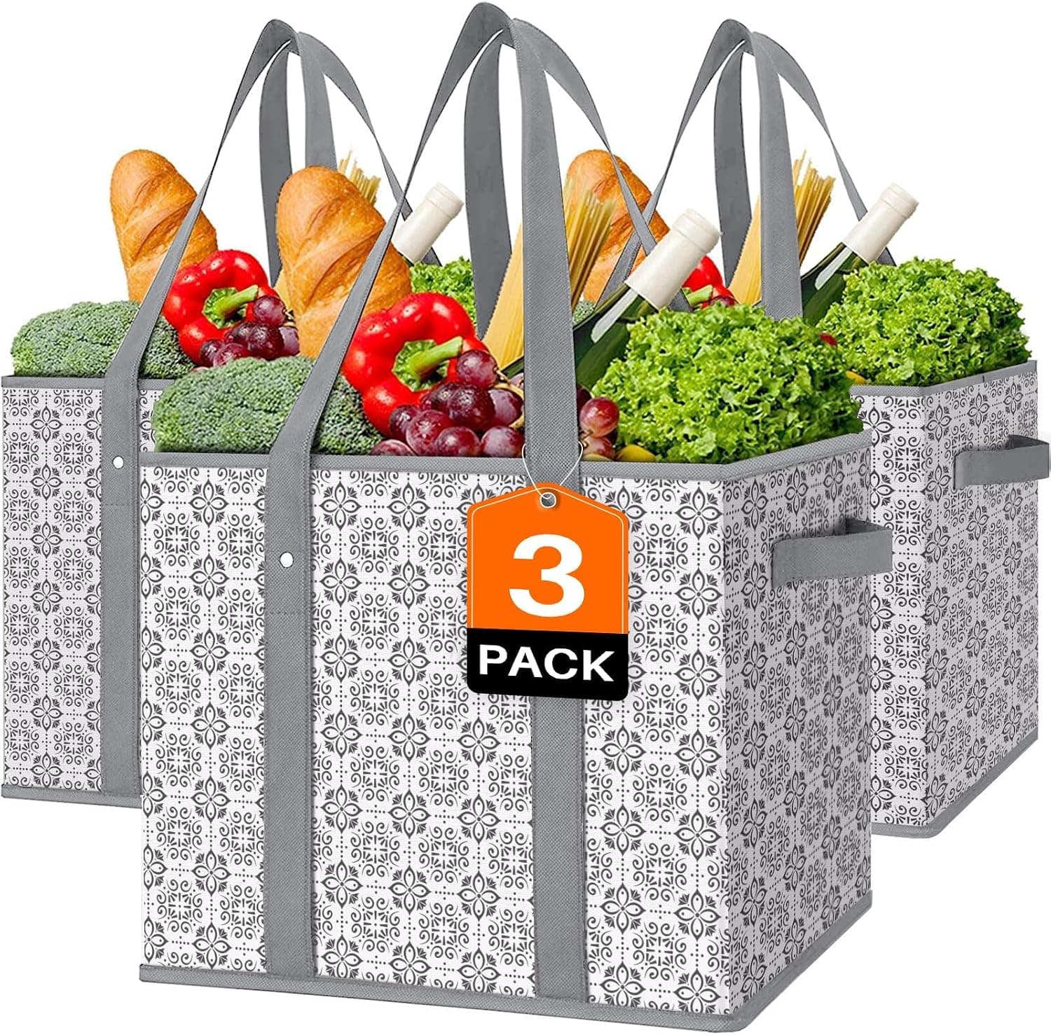 Bolsas de supermercado reutilizables, paquete de 3, bolsas de compras plegables y resistentes al agua