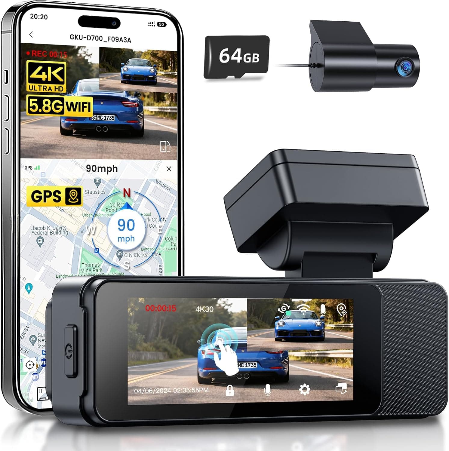GKU Dash Cam delantera y trasera, pantalla táctil de 3,18 pulgadas, cámara de salpicadero 4K+1080P | Tarjeta SD de 64 GB, GPS incorporado, WiFi de 5,8 GHz, monitor de estacionamiento 24 horas, visión nocturna, WDR, admite 512 GB máx.