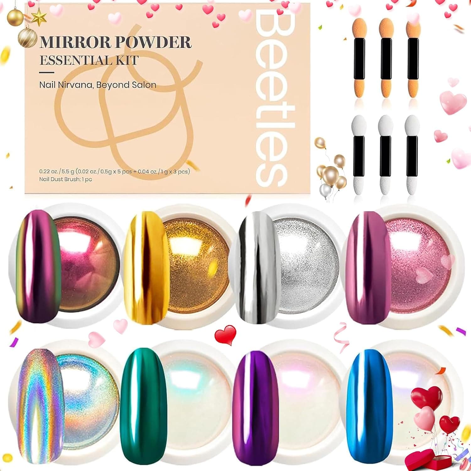 Beetles Juego de polvos para uñas cromados, 8 colores, efecto espejo metálico | Polvo holográfico Aurora para decoración de uñas, polvo de cromo iridiscente con perlas doradas y plateadas, 1g/tarro para uñas de Gel, decoración de manicura DIY