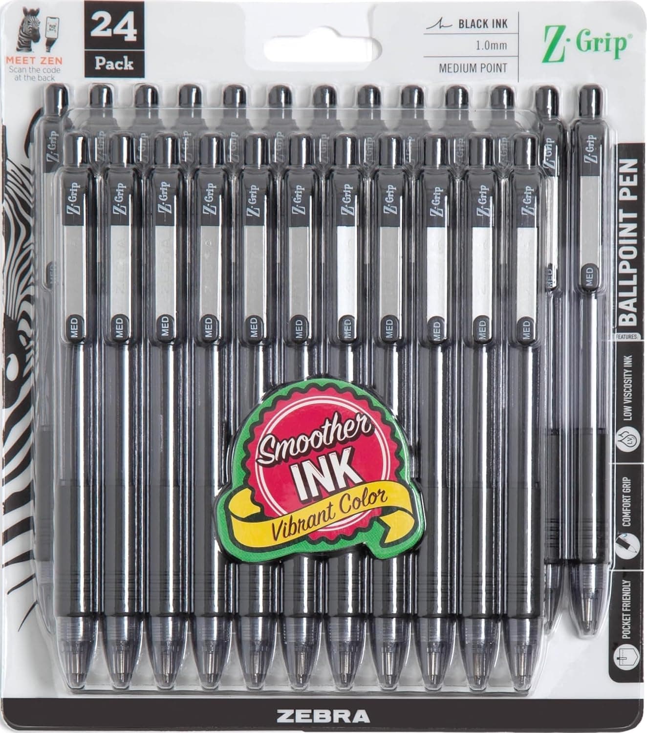 Bolígrafo retráctil Zebra Pen Z-Grip, tinta negra, 1,0 mm, paquete a granel de 24 | Escritura suave, punta de punta media, ideal para planificadores, toma de notas, útiles escolares y de oficina y escritura diaria (12221)