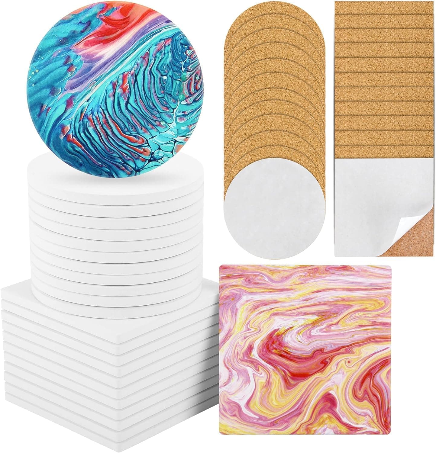 Posavasos de azulejos de cerámica para manualidades, paquete de 24, azulejos blancos de 4 pulgadas sin esmaltar | con paquete de 24 almohadillas de respaldo de corcho, incluye posavasos de cerámica cuadrados y redondos para posavasos de proyectos de manualidades (24)