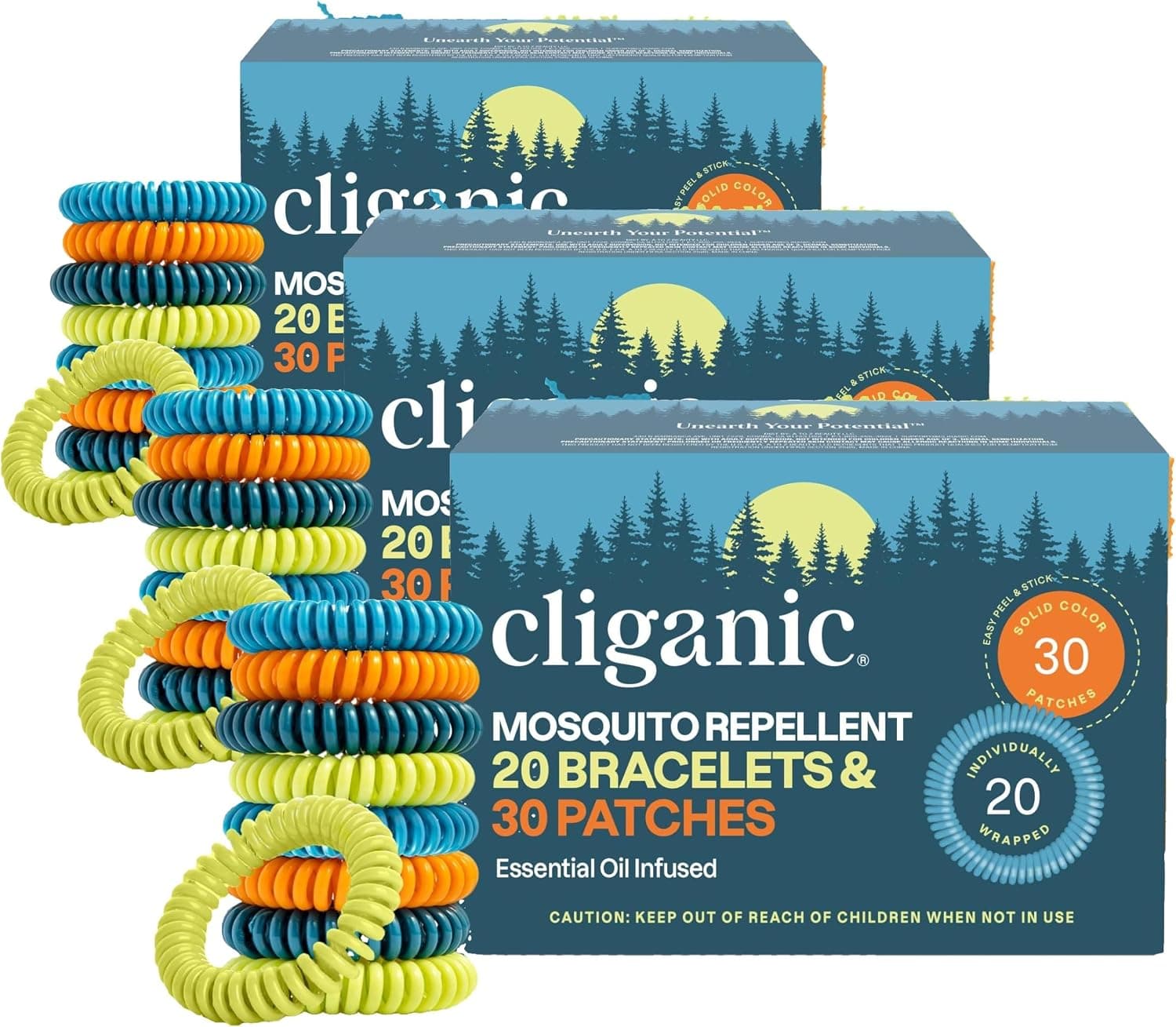 Cliganic Mosquito Repellent Bracelet Stickers Pack for Kids & Adults Multi Color, Natural DEET-Free, Essential Oil Infused 20 Bands with 30 Patches, Citronella Scent (Pack of 3)