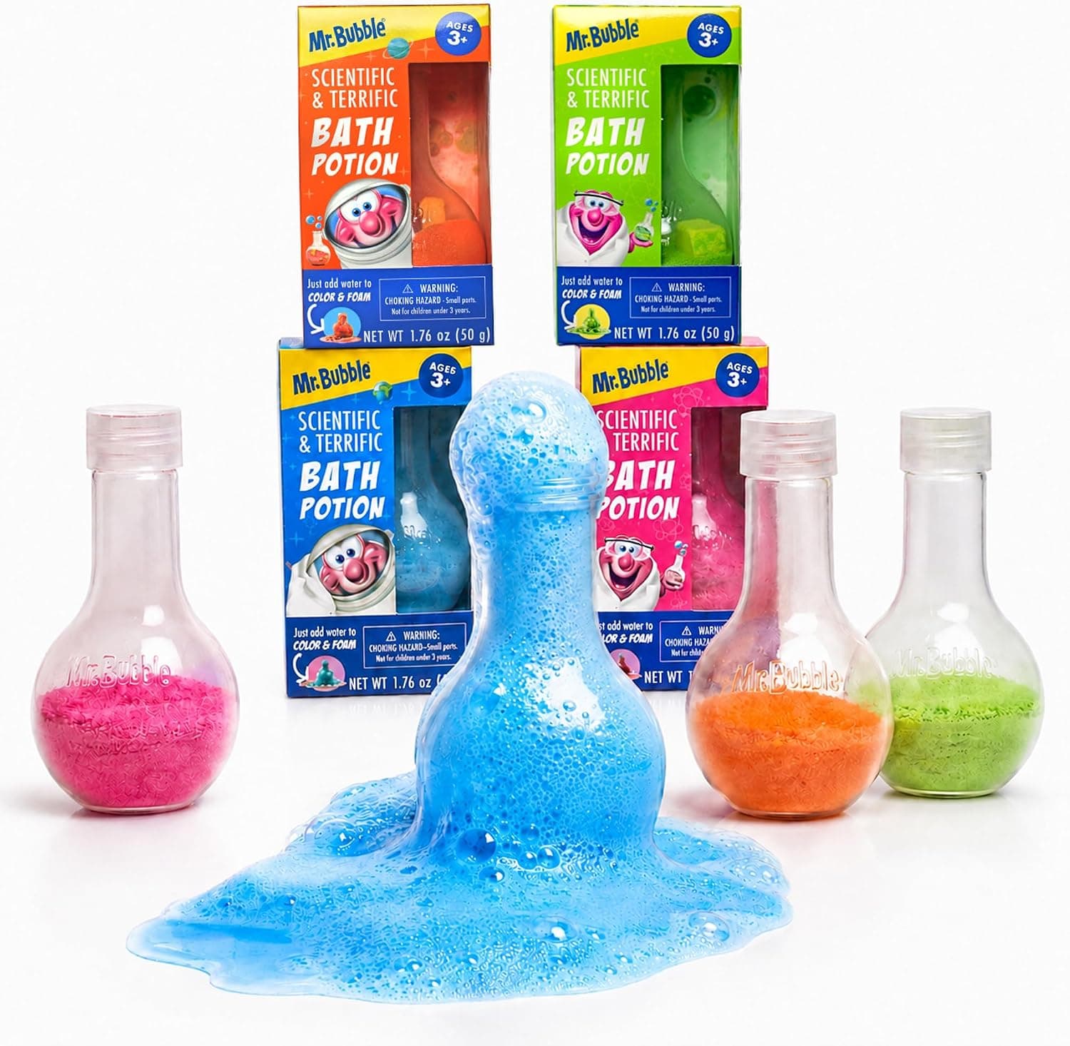Mr. Bubble Kids Original Bath Bomb Pociones - Diversión gaseosa colorida - Espuma fresca y vaso de ciencia de burbujas juguetes de baño (paquete de 4)