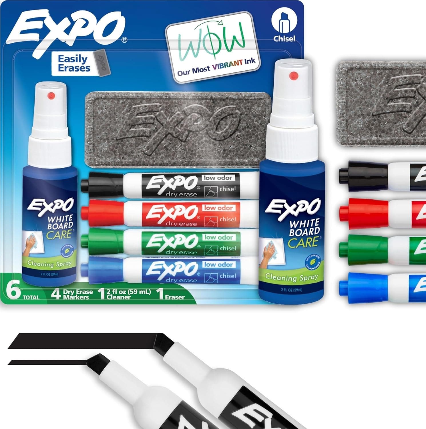 EXPO Kit de marcadores de borrado en seco, punta de cincel, colores surtidos, borrador, limpiador en aerosol, 24 unidades: pizarra blanca, calendario, artículos esenciales de oficina, escuela, aula, suministros para maestros, paquete de 4