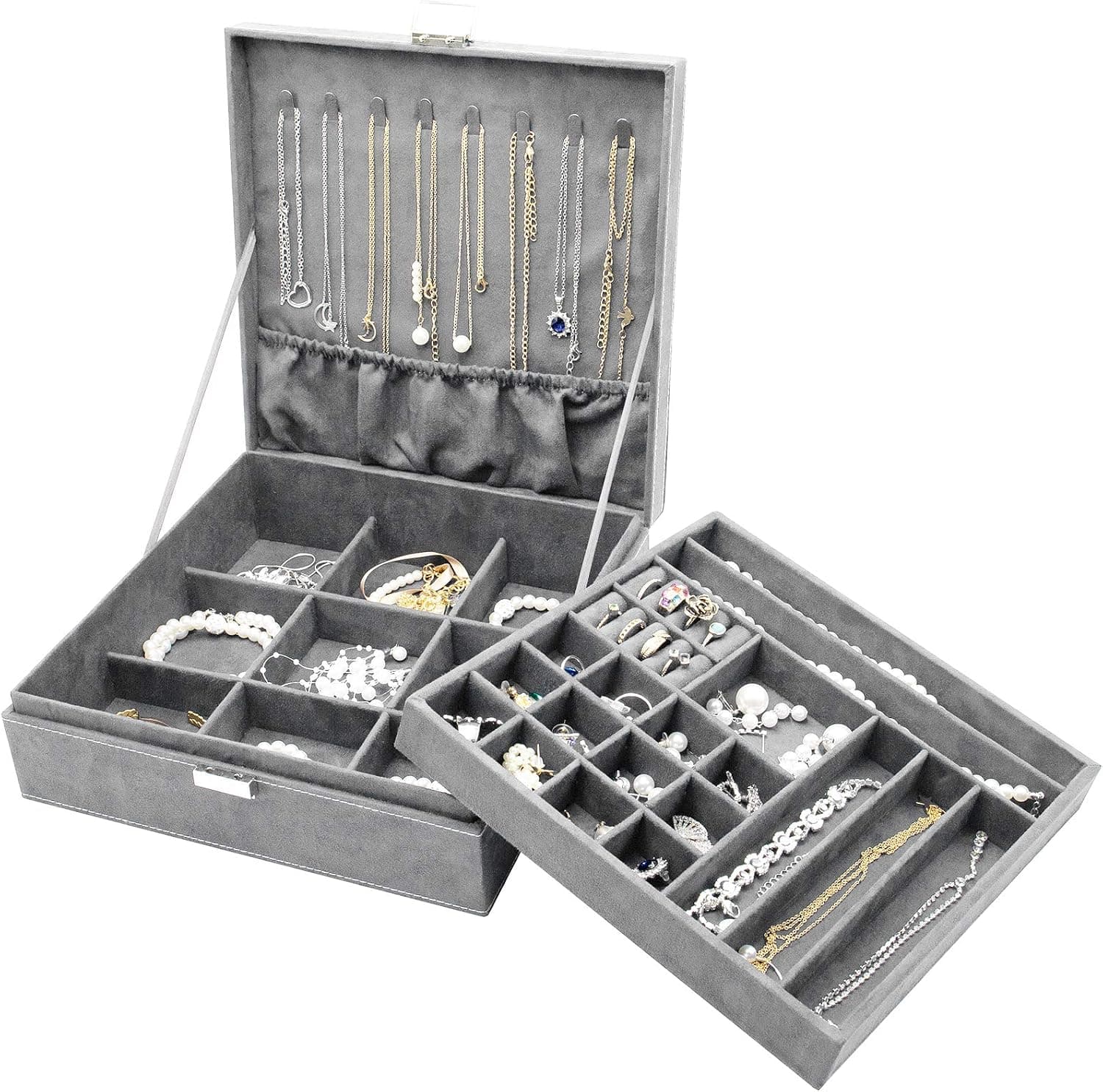 ProCase Joyero Organizador de Terciopelo para Mujer -Gris | Estuche de almacenamiento de exhibición de joyería de 2 capas, soporte para collar, pendientes, pulseras, anillos