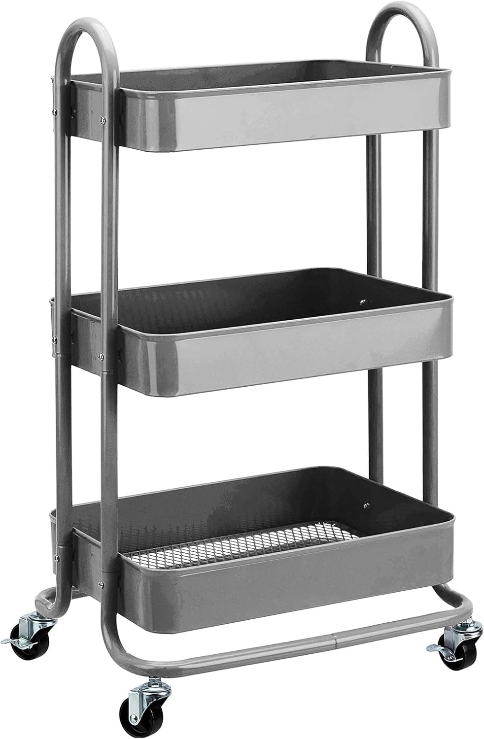 Amazon Basics Carro de cocina o utilitario con ruedas de 3 niveles, ruedas bloqueables, almacenamiento multifuncional, estantería móvil, organizador de almacenamiento de metal, carbón