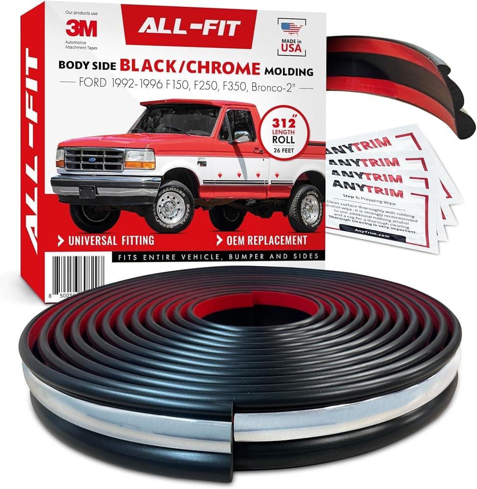 Moldura lateral de repuesto de estilo antiguo (2") – Borde cromado y negro de grado OEM para Ford F150, F250, F350 y Bronco OBS 1992–1997 – Accesorios para camiones fáciles de instalar (rollo de 26 pies)