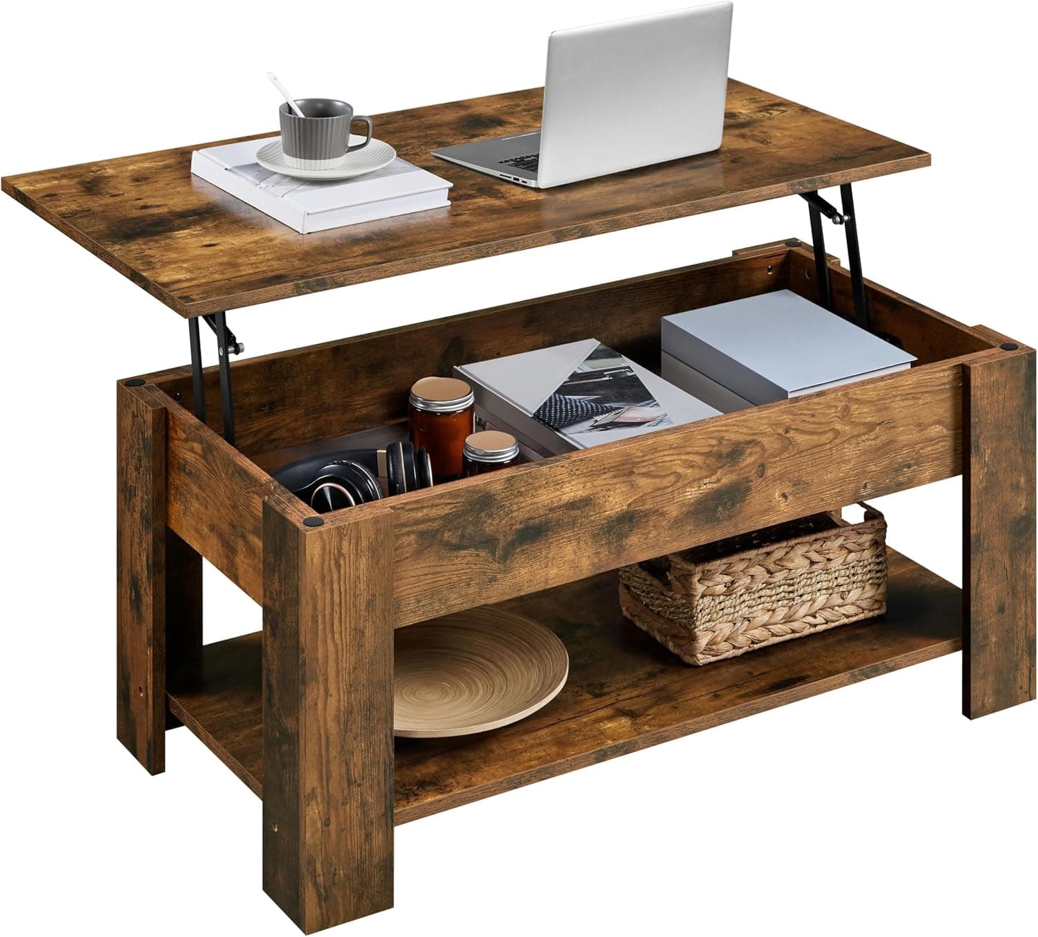 Yaheetech Mesa de centro elevable de 38,6" con almacenamiento oculto, marrón rústico | La mesa de la sala se eleva para comer o trabajar en el sofá, mesa central de madera de ingeniería resistente, se adapta a espacios pequeños, vintage