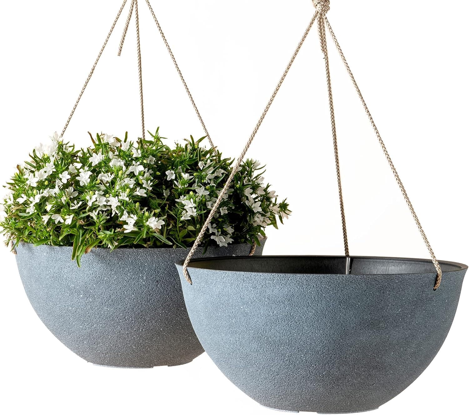 LA JOLIE MUSE Cestas colgantes para plantas de exterior, juego de 2, 13 pulgadas | Cestas colgantes grandes con orificios de drenaje, maceteros colgantes grises desgastados para ventanas, porches, balcones, jardines, patios