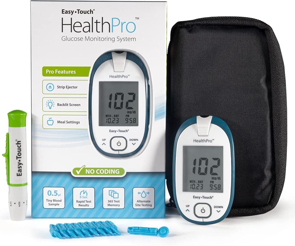 Sistema de monitoreo de glucosa en sangre HealthPro (las tiras reactivas se venden por separado) | Pantalla retroiluminada de fácil lectura, eyector de tiras reactivas y seguimiento avanzado, incluye medidor, dispositivo de punción y 10 lancetas