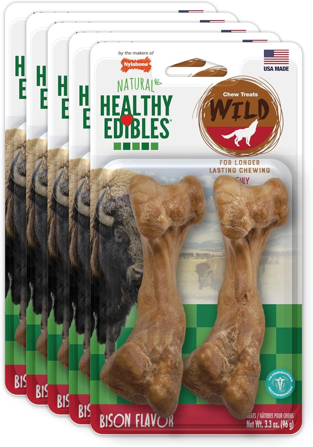 Paquete de 3 Comestibles Saludables de Nylabone con Sabor a Bisonte Silvestre Masticable para Perro, Medio, 2 Huesos Cada uno