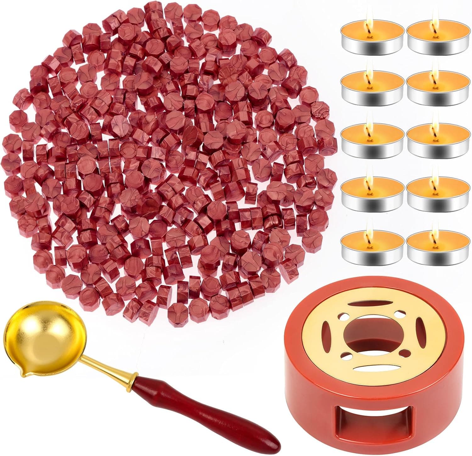 Cera Roja para Sellos de Sellos de Letras, Paxcoo 312 Piezas Kit de Cera para Sellos con Cuentas de Sello de Cera Roja, Calentador de Sellos de Cera, Cuchara de Cera y Velas Candelita para Sobres de Cera, Correo e Invitaciones de Boda