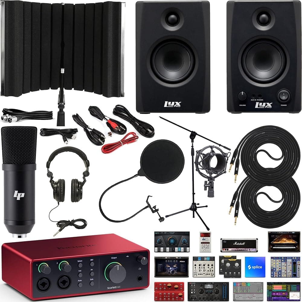 Scarlett 4i4 4x4 Interfaz de audio USB Paquete completo de estudio con descarga para software de producción musical creativa con monitores de estudio Bluetooth LyxPro 3.5BT 50W y protector de grabación de aislamiento