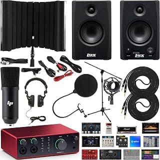 Scarlett 4i4 4x4 Interfaz de audio USB Paquete completo de estudio con descarga para software de producción musical creativa con monitores de estudio Bluetooth LyxPro 3.5BT 50W y protector de grabación de aislamiento