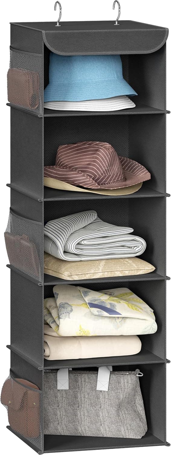 Organizador de armario colgante de 5 estantes Simple Houseware, gris oscuro | Ganchos dobles giratorios de 360°, marco de metal de soporte superior, 6 bolsillos laterales de malla.