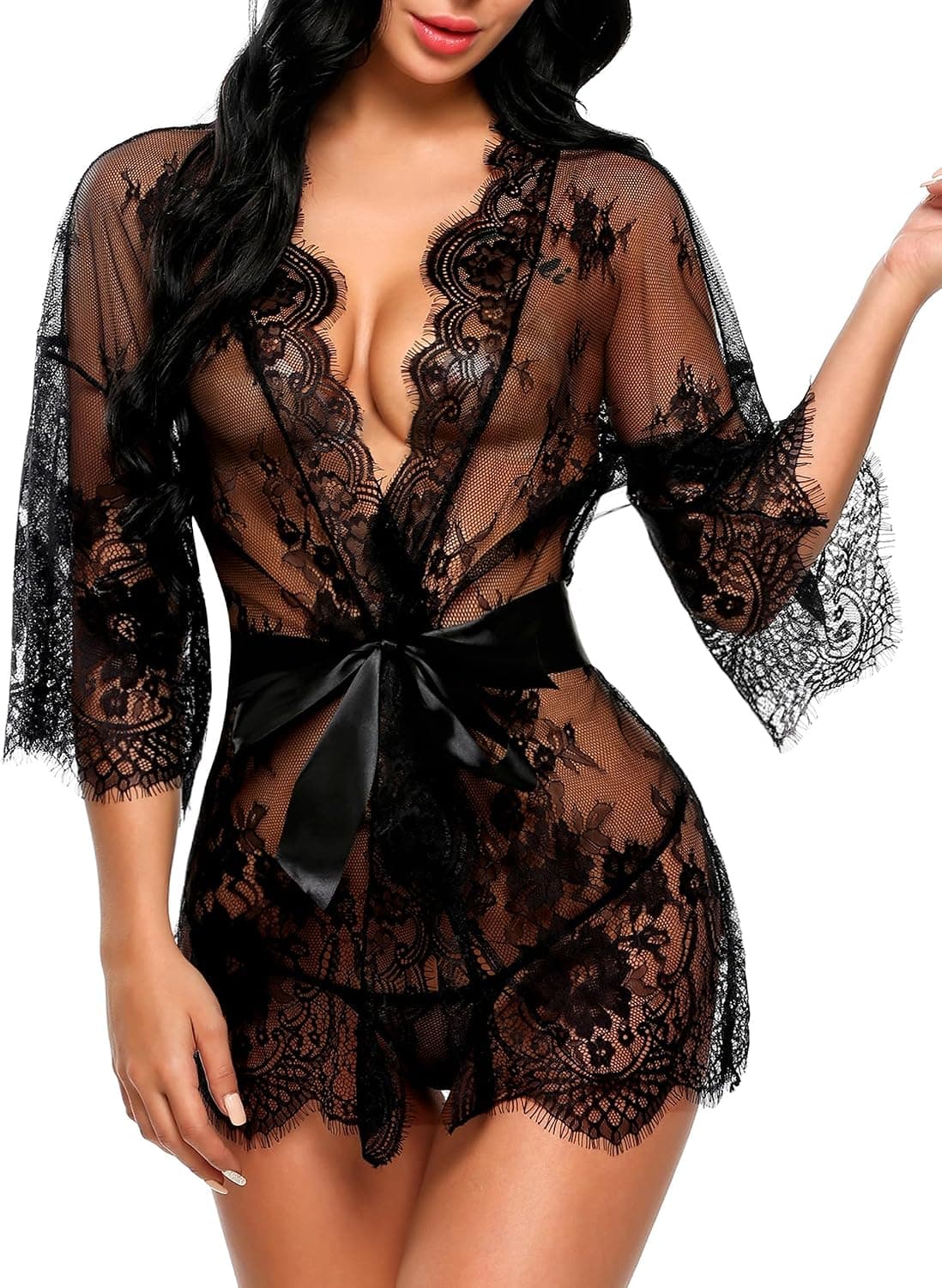Avidlove Bata tipo kimono de encaje para mujer Babydoll Lencería Camisón de malla S-5XL | Bata tipo kimono de lencería sexy de encaje floral transparente con lazo en la cintura de satén. Ideal para luna de miel, noche de bodas y sesión de tocador
